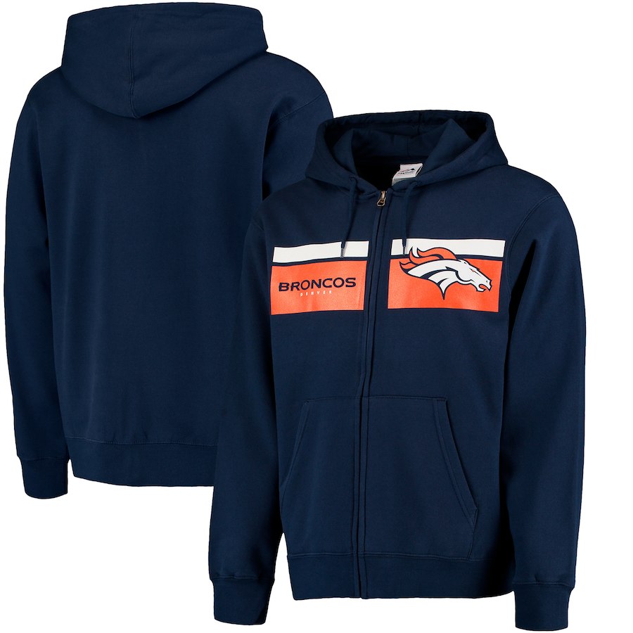 Men's Denver Broncos Navy Majestic Touchback Full-Zip 2018 NFL Hoodie - Click Image to Close